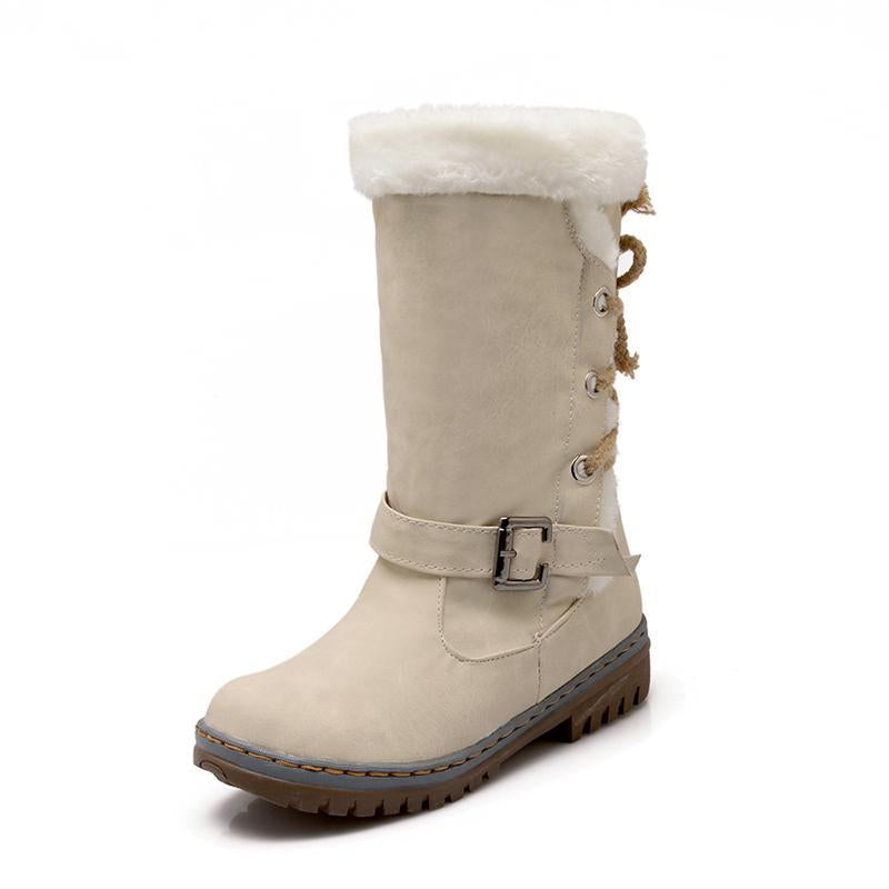 Mid Calf Boots Buckle Fur Lining Flat Snow Boots For Women - fashionshoeshouse