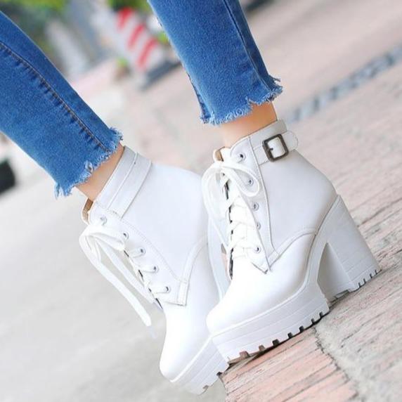 Women's platform front lace chunky booties with buckle strap