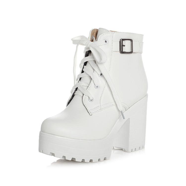 white Women's platform front lace chunky booties with buckle strap