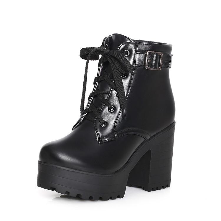 Women's platform front lace chunky booties with buckle strap