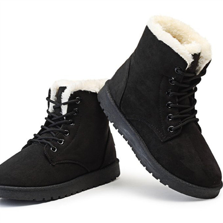 Women's winter warm fluffy snow boots low heel lace-up ankle boots
