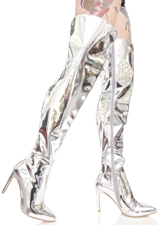 Women's sexy metal mirror thigh high stiletto boots pointed toe party nightclub boots