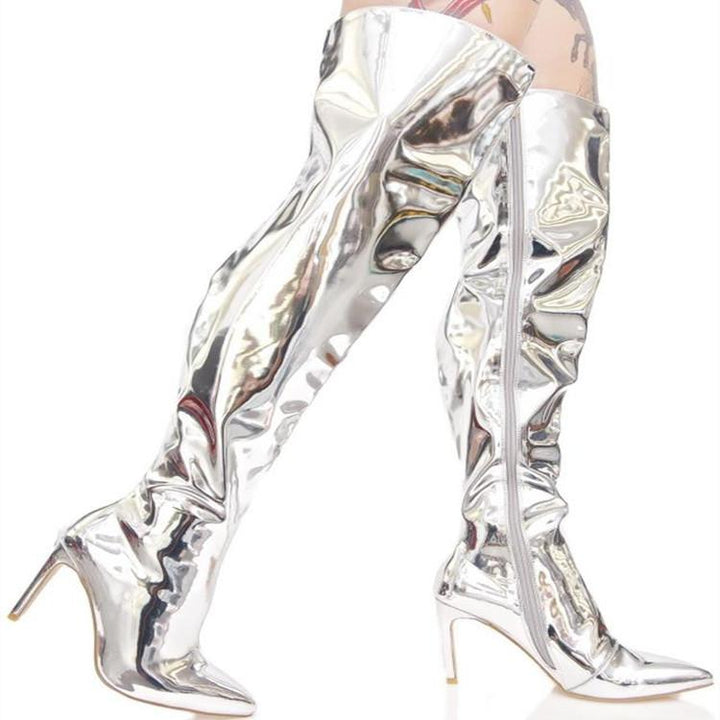 Women's sexy metal mirror thigh high stiletto boots pointed toe party nightclub boots