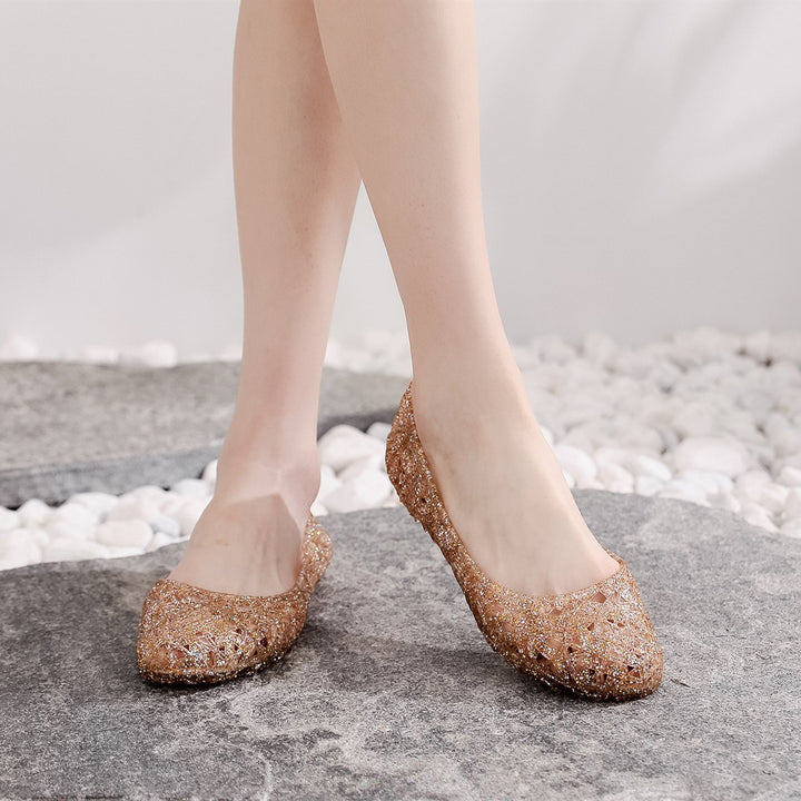 Women's hollow rhinestone jelly flats cute slip on shoes