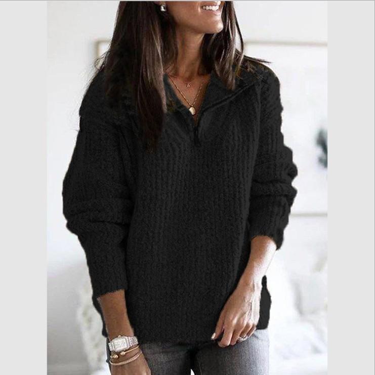 Women polo neck quarter zip chunky warm knitted sweater
