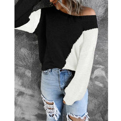 Women off shoulder multicolor patchwork knitted sweater