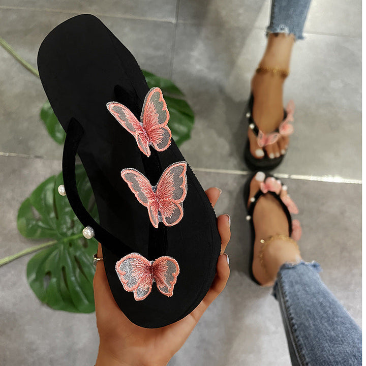 Women's butterfly platform wedge flip flops summer clip toe slippers