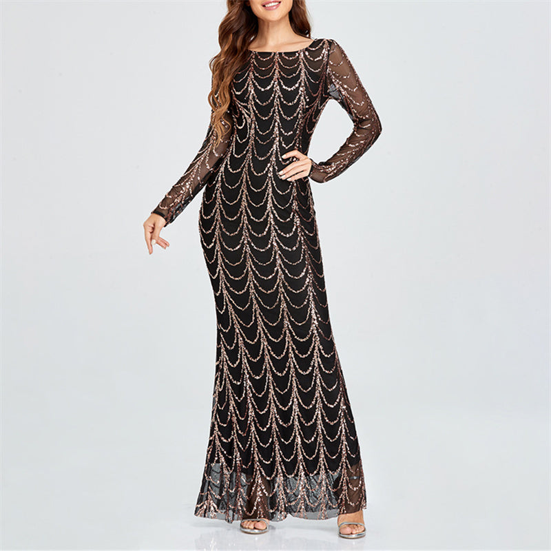 Women's sequins rhinestone mermaid maxi dress long sleeves slimming evening party prom banquet dress