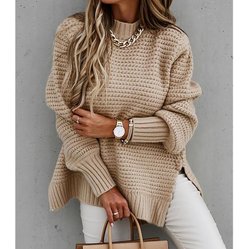 Women mock neck split hem long sleeves solid knit sweater pullover jumper top