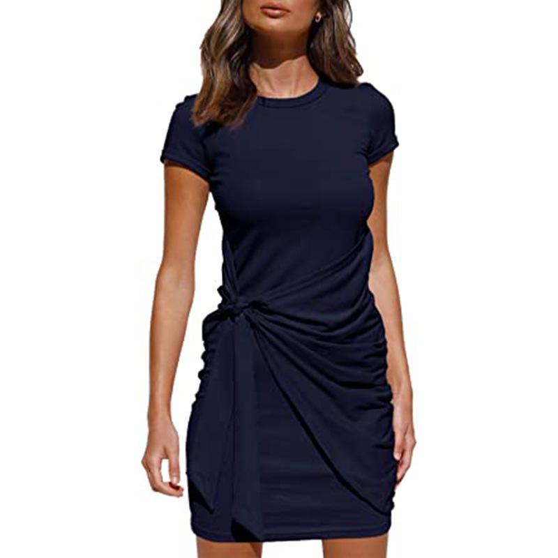 Women's summer bowknot belted ruched bodycon dress