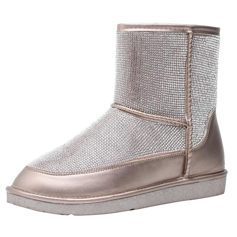 Women's rhinestone sparkly warm lining flat mid calf snow boots
