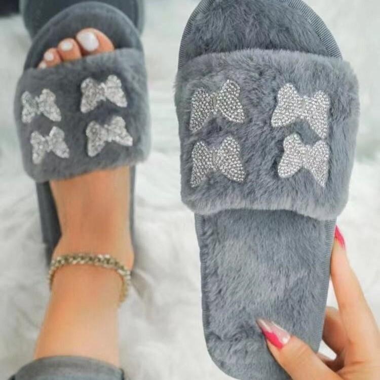 Women's rhinestone butterfly fluffy open toe slippers winter warm indoor shoes