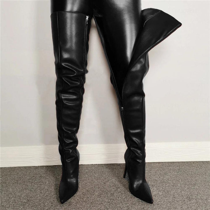 Women sexy stiletto thigh high boots PU leather pinted toe over the knee boots