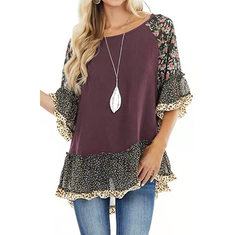 Women's floral printed half sleeves batwing sleeves tops spring summer ruffles pullovers tops