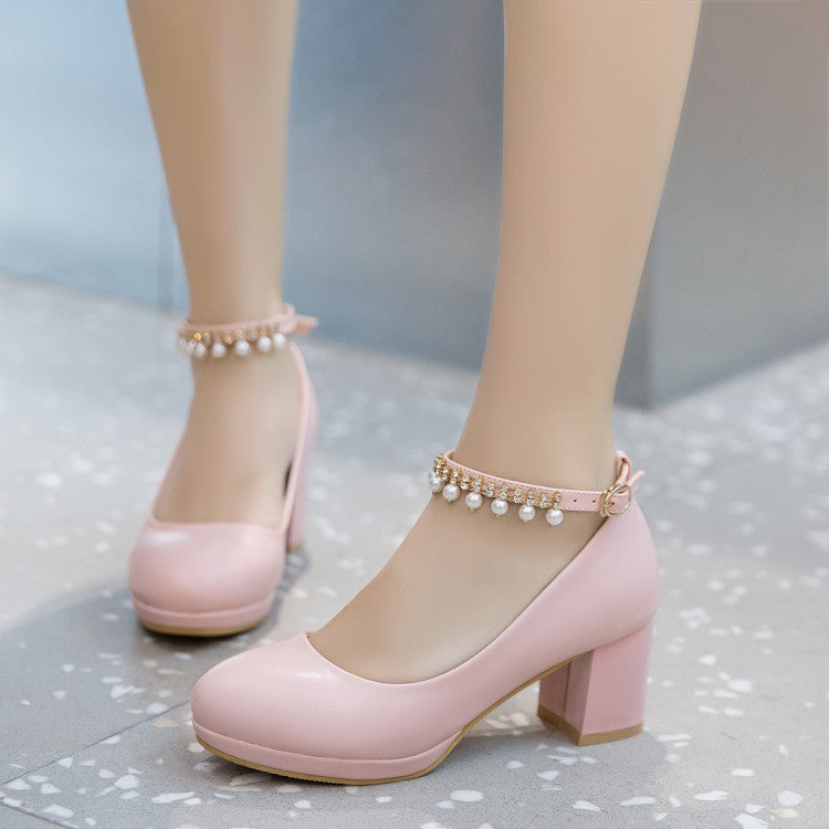 Sweet pearls ankle strap block heels pumps round toe chunky block heels loafers