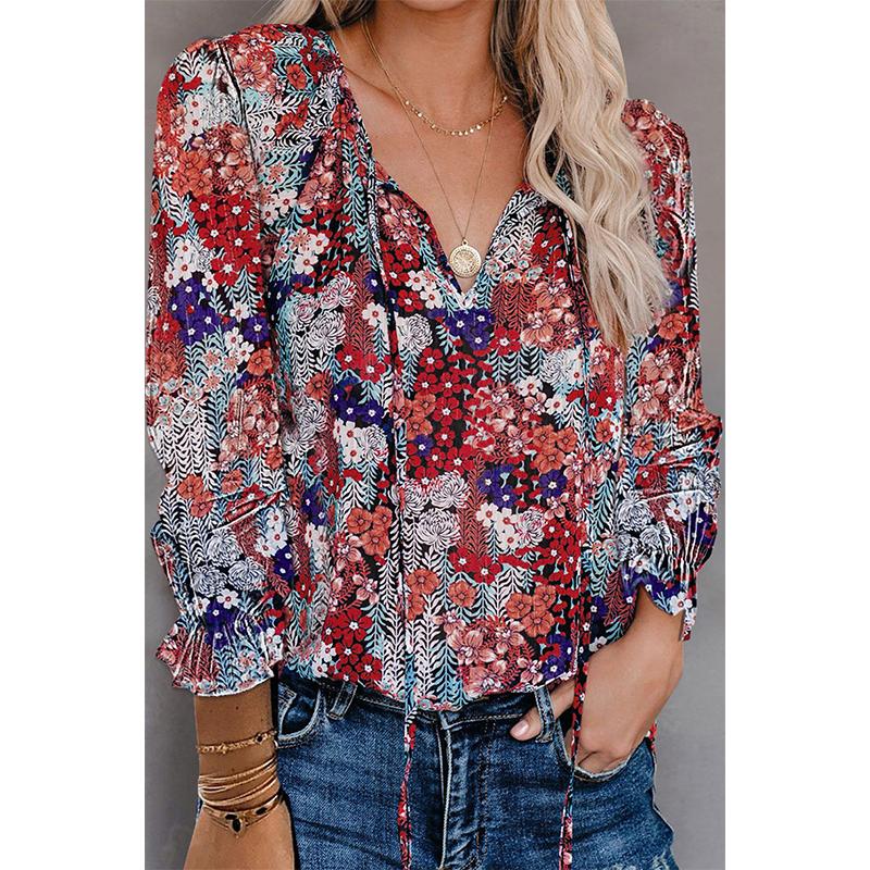 Women's sweet floral print long sleeves blouse | V neck pullover tops