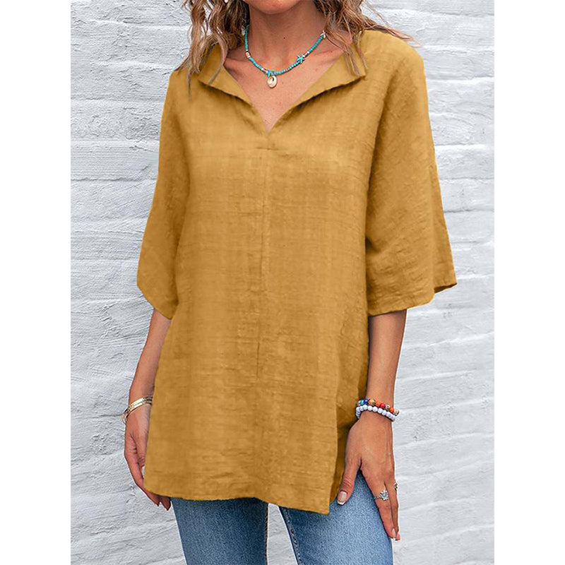 Women's summer longline 3/4 sleeves blouse vintage plain loose fit shirts