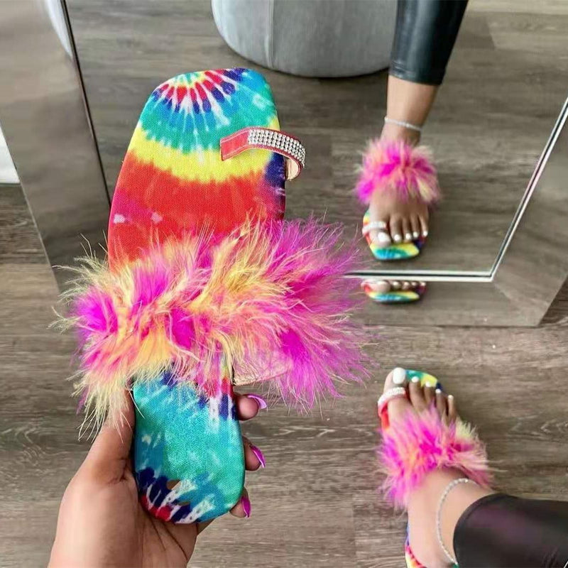 Women's flat colorful feather sandals rhinestone ring toe slide sandals