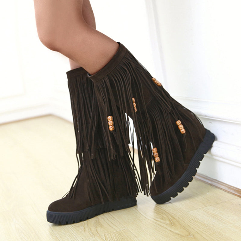 Ethnic beads tassels low heel mid calf boots