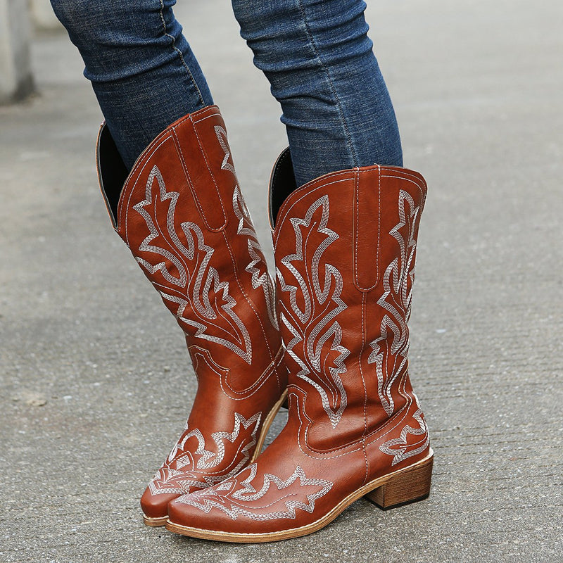 Women's flower embroidery mid calf cowboy boots