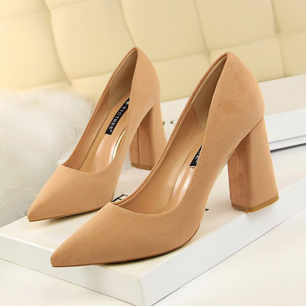 Suede pointed toe chunky high heels pumps office work pumps