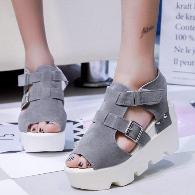 Women's peep toe thick platform wedge sandals with magic tape