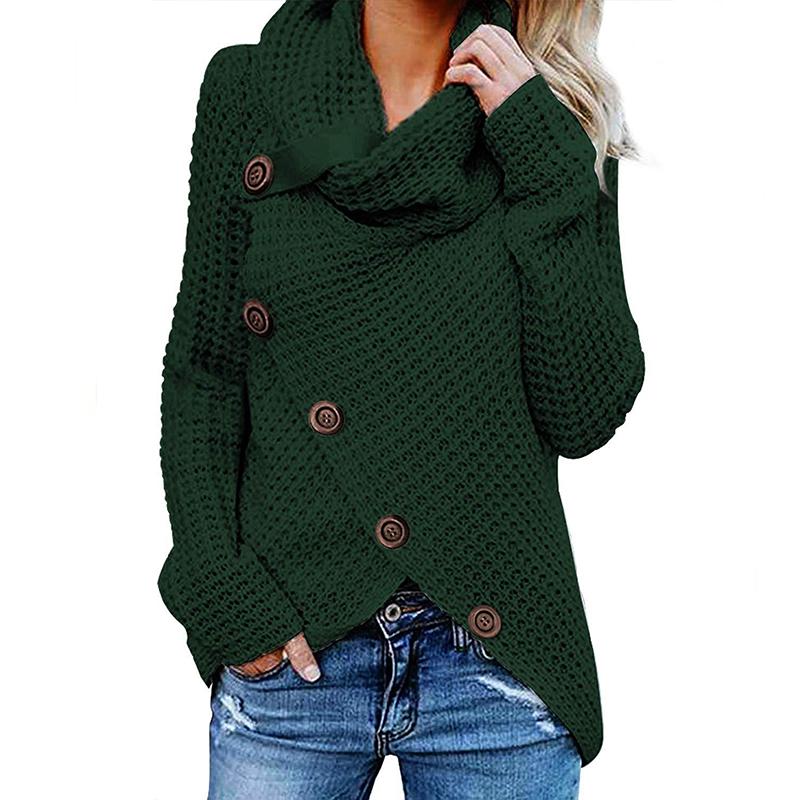Women turtle cowl neck button up asymmetric hem wrap crochet sweater