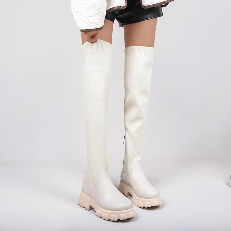 Women's stretchy knit thigh high boots chunky platform over the knee boots for winter