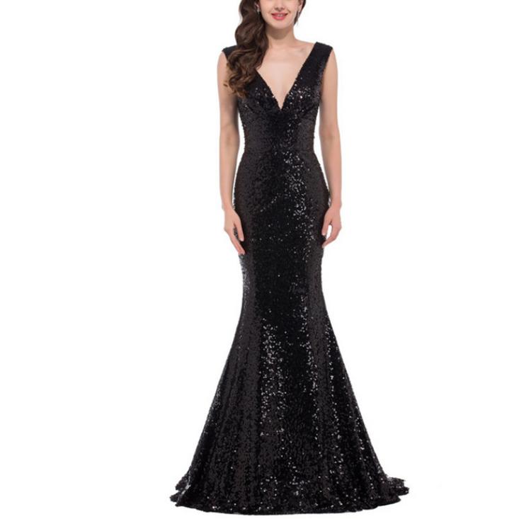 Sequin shiny sexy v neck mermaid dress | Evening prom gown dress