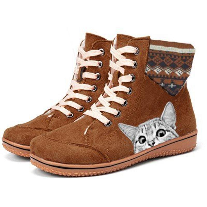 Women's cute cat print lace-up boots