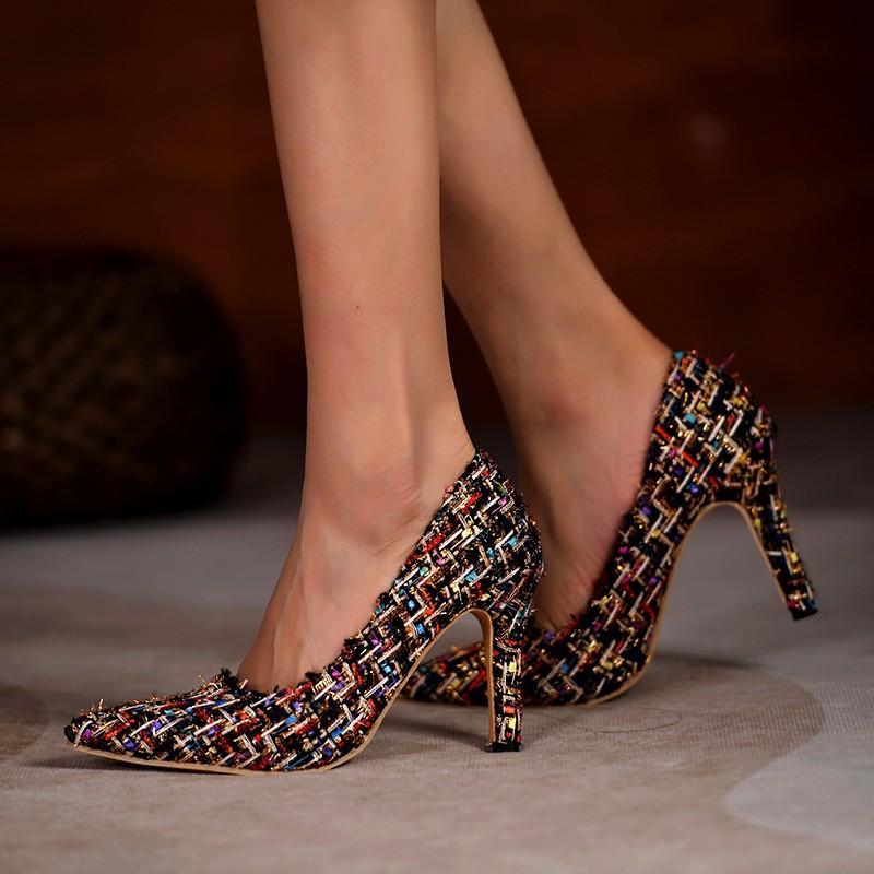 Women's braided colorful pointed toe high heel pumps