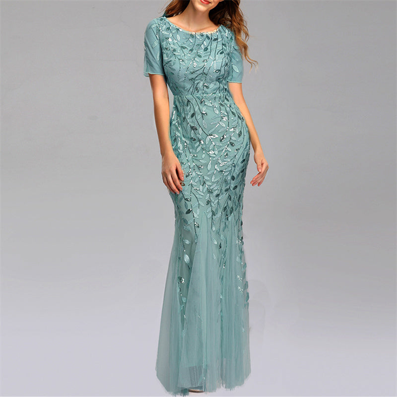 Women's sequins mesh lace mermaid maxi dress short sleeves slimming evening party prom banquet bridal dress