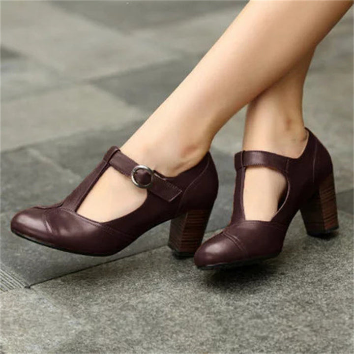 Women's round toe closed toe T-strap chunky high heels loafers retro dress shoes
