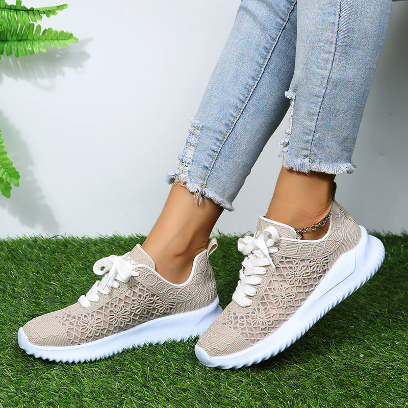 Women's floral hollowed lace-up sneakers low heels casual tennis shoes