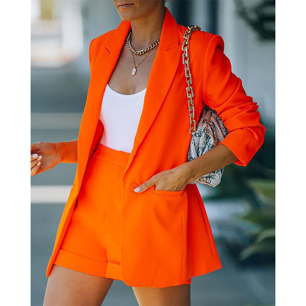 Women's solid lapel blazer and shorts 2 pieces suits set summer business office outfits