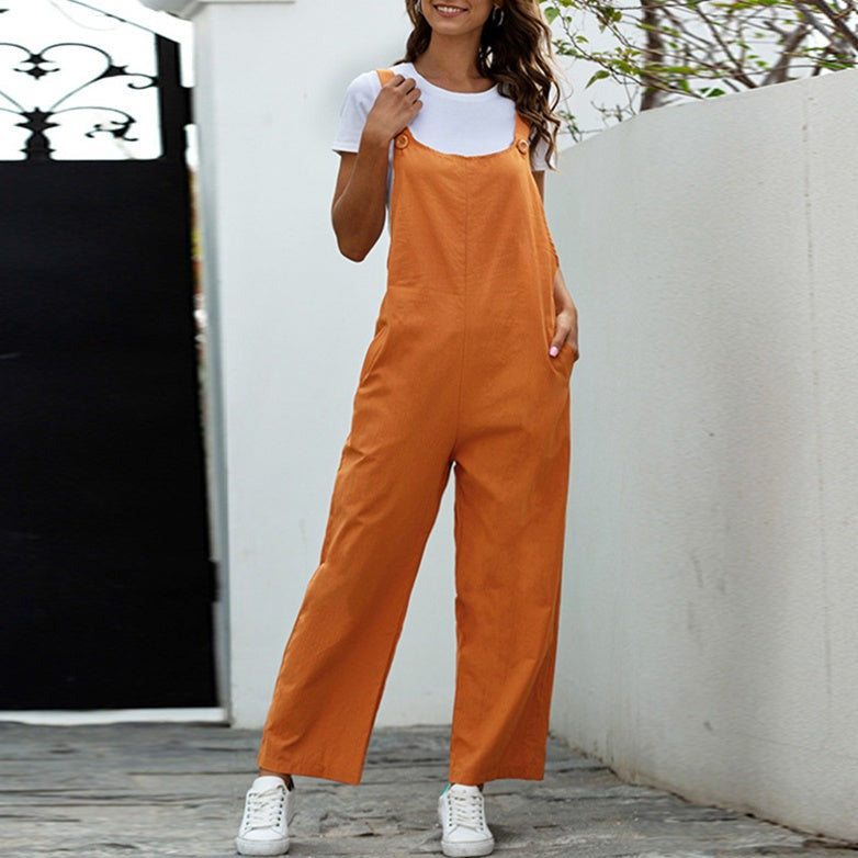 Women's summer vintage overalls with pockets baggy loose linen rompers jumpsuits