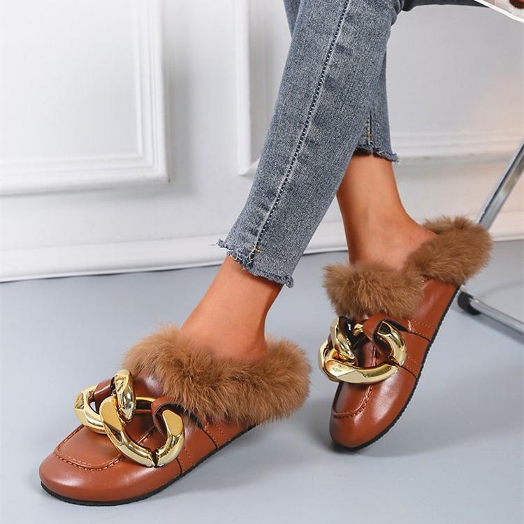 Women winter fuzzy warm slippers closed toe flat mules shoes