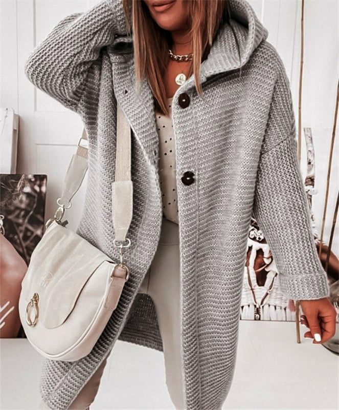 Women's knitted hooded cardigan with buttons loose fit casual cardigan