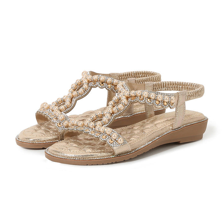 Cute pearls beach sandals Low wedge heels sandals elastic band