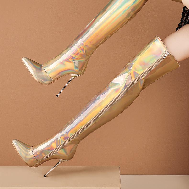 Women's sexy shining metal mirror stiletto thigh high boots for party & nightclub