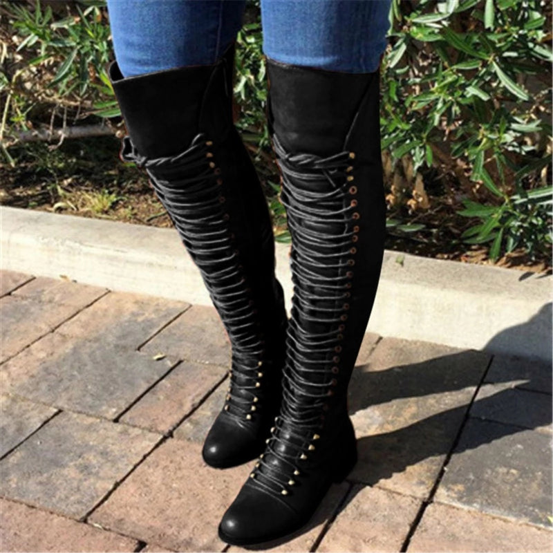 Women's lace up thigh high boots skinny over the knee boots