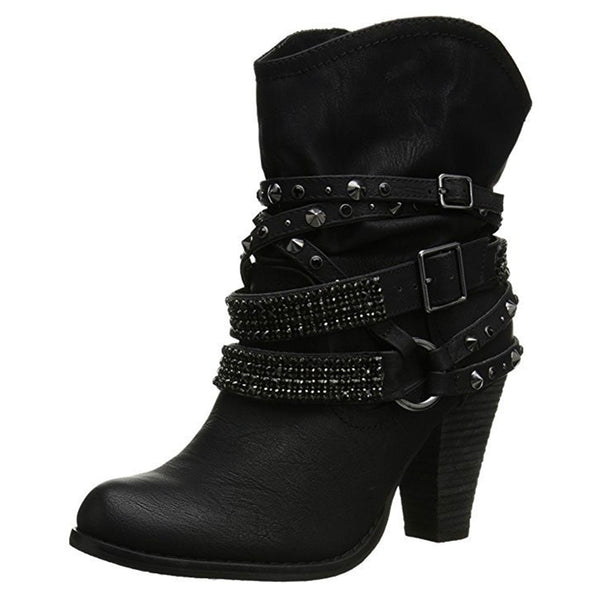 Women's rhineston buckle strap slouch boots fashion studded ankle boots