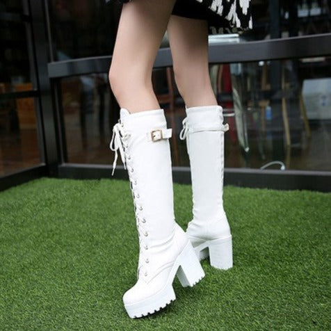 Women's platform block heel lace-up boots knee high punk boots