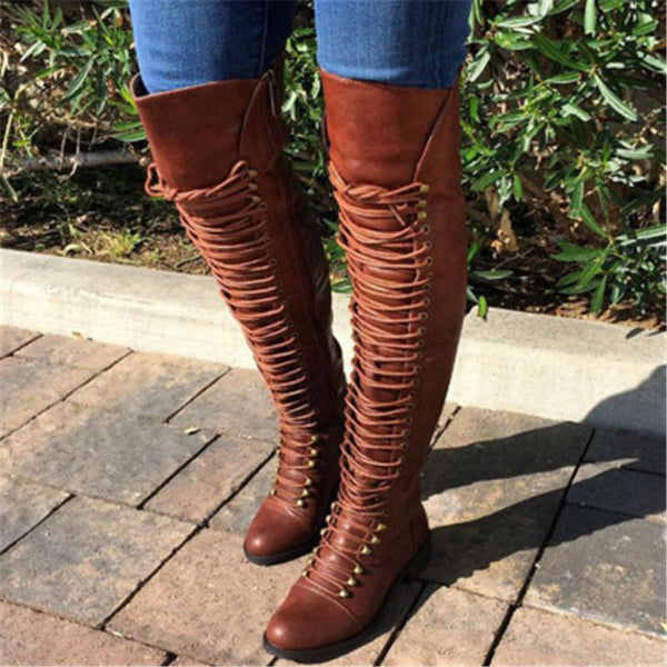 Women Comabat Boots Lace Up Over The Knee Boots - fashionshoeshouse