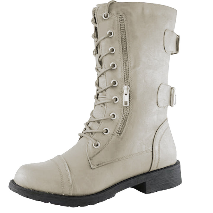 Women Lace up Mid Calf Hide Credit Card Knife Money Wallet Extra Pocket Military Combat Boots