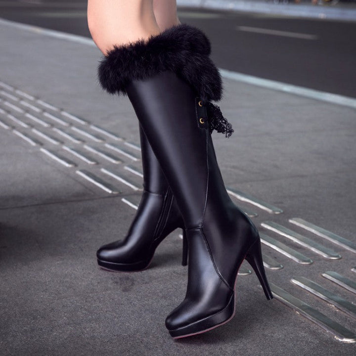 Women fuzzy cuff high heel knee high boots PU winter boots