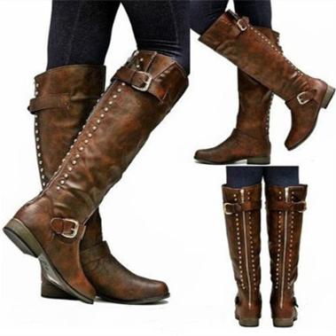 Women retro knee high biker boots | Back zip rivets riding boots