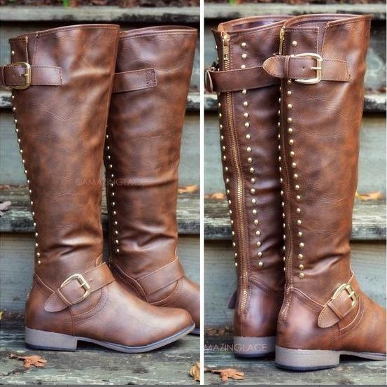Women retro knee high biker boots | Back zip rivets riding boots