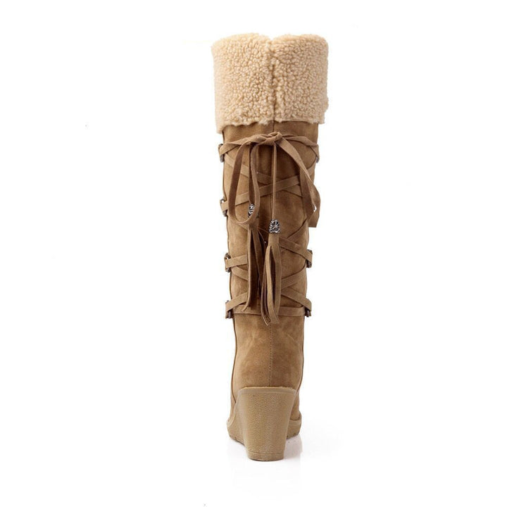 Women knee high wedge snow boots back lace plush lining warm winter boots