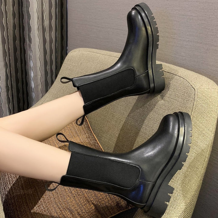 Women's black mid calf chelsea boots chunky platform short boots